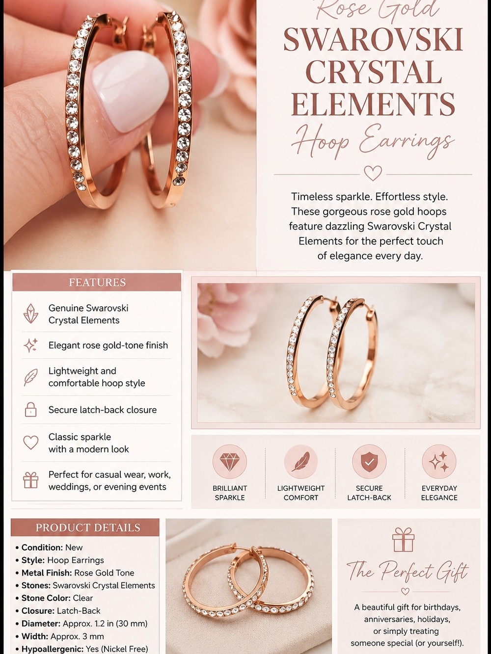 Crystal Rose Gold Hoop Earrings